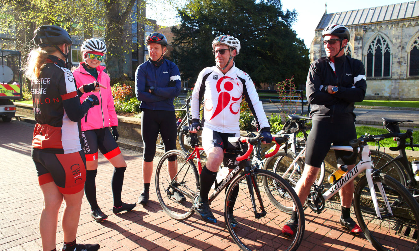 Chichester Triathlon Club bike training session start at Chichester Cathedral