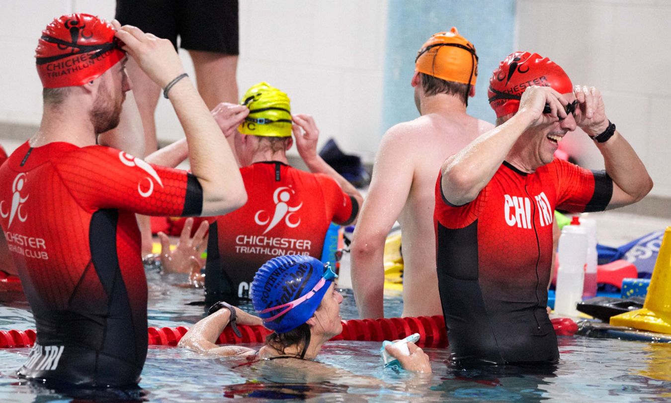 Chichester Triathlon Club members inbetween drill sets at the Tuesday night swim sessions