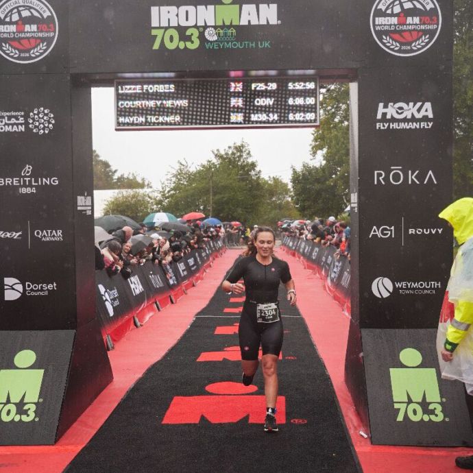 Weymouth Ironman 70.3 CHi Tri member crosses the line